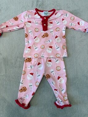 Girls' Pink Santa & Cookies Pajama Set with Red Trim
